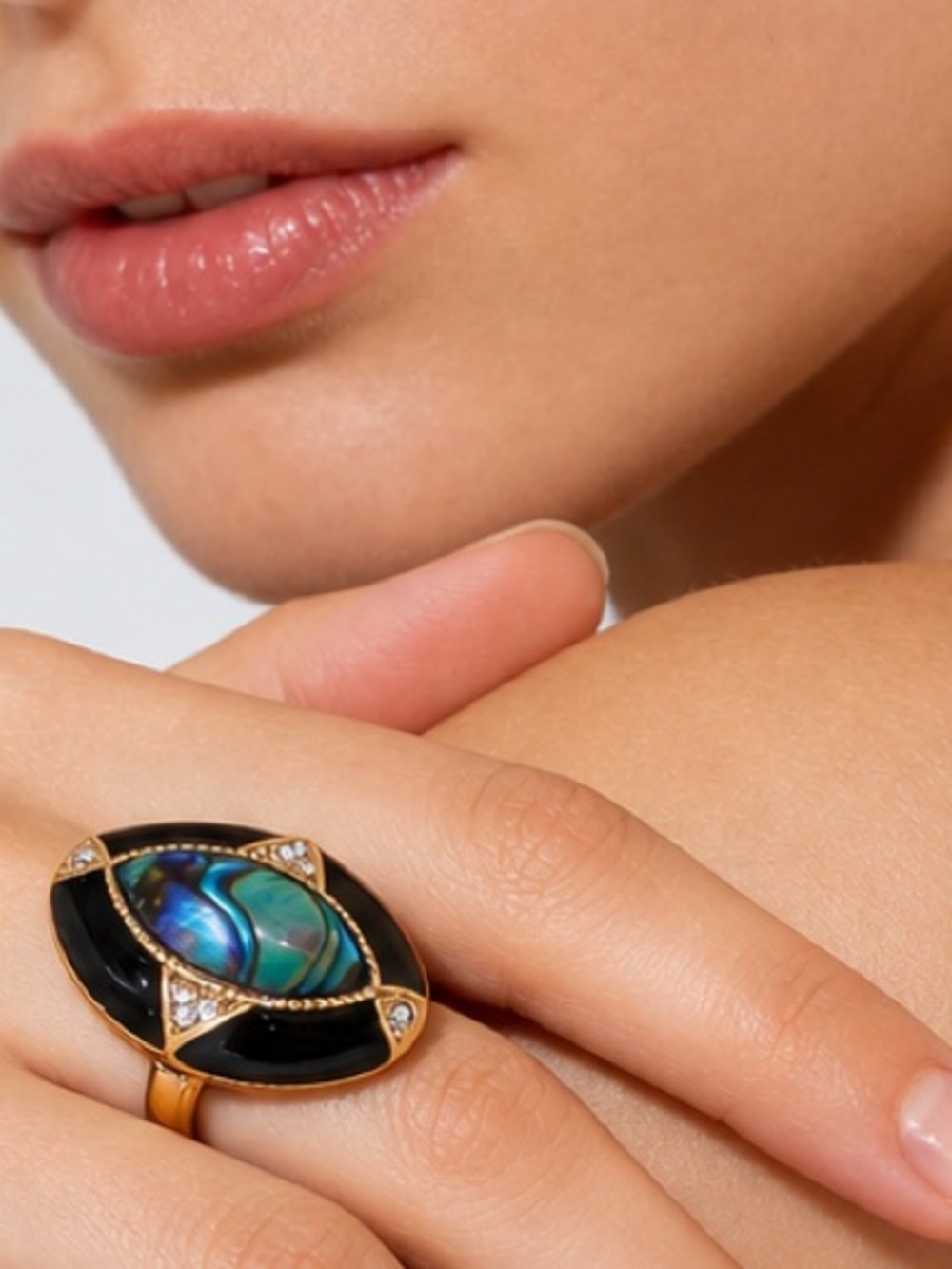 Vintage Inspired Abalone Statement Ring | Black Enamel Gold